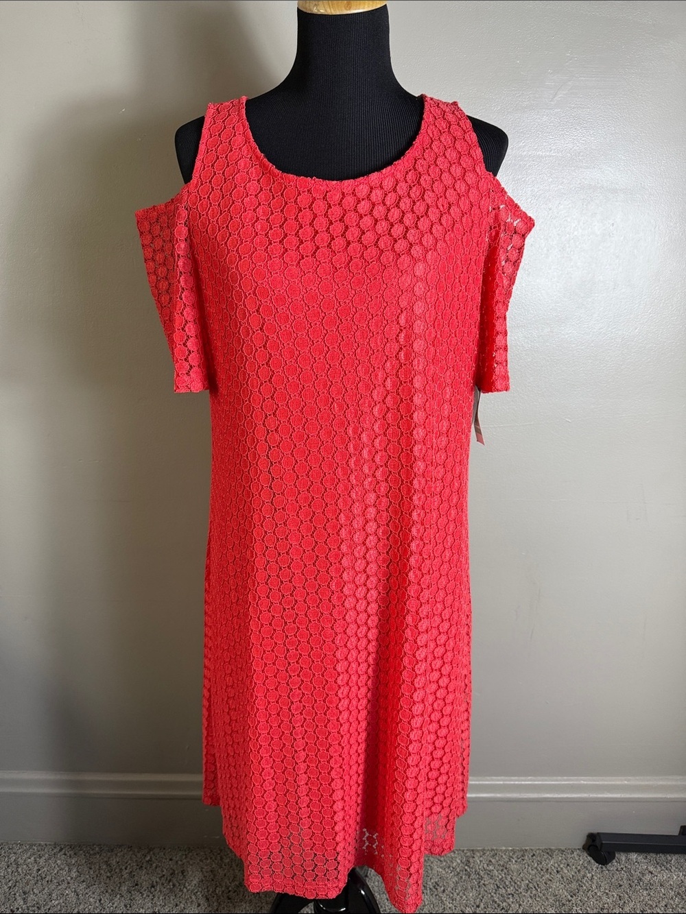 Nine West Cold-Shoulder Lace Overlay Shift Dress Vibrant Coral Fire Red 14 NWT